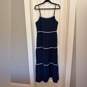 Navy Tiered Spaghetti-Strap Maxi Dress with White Trim